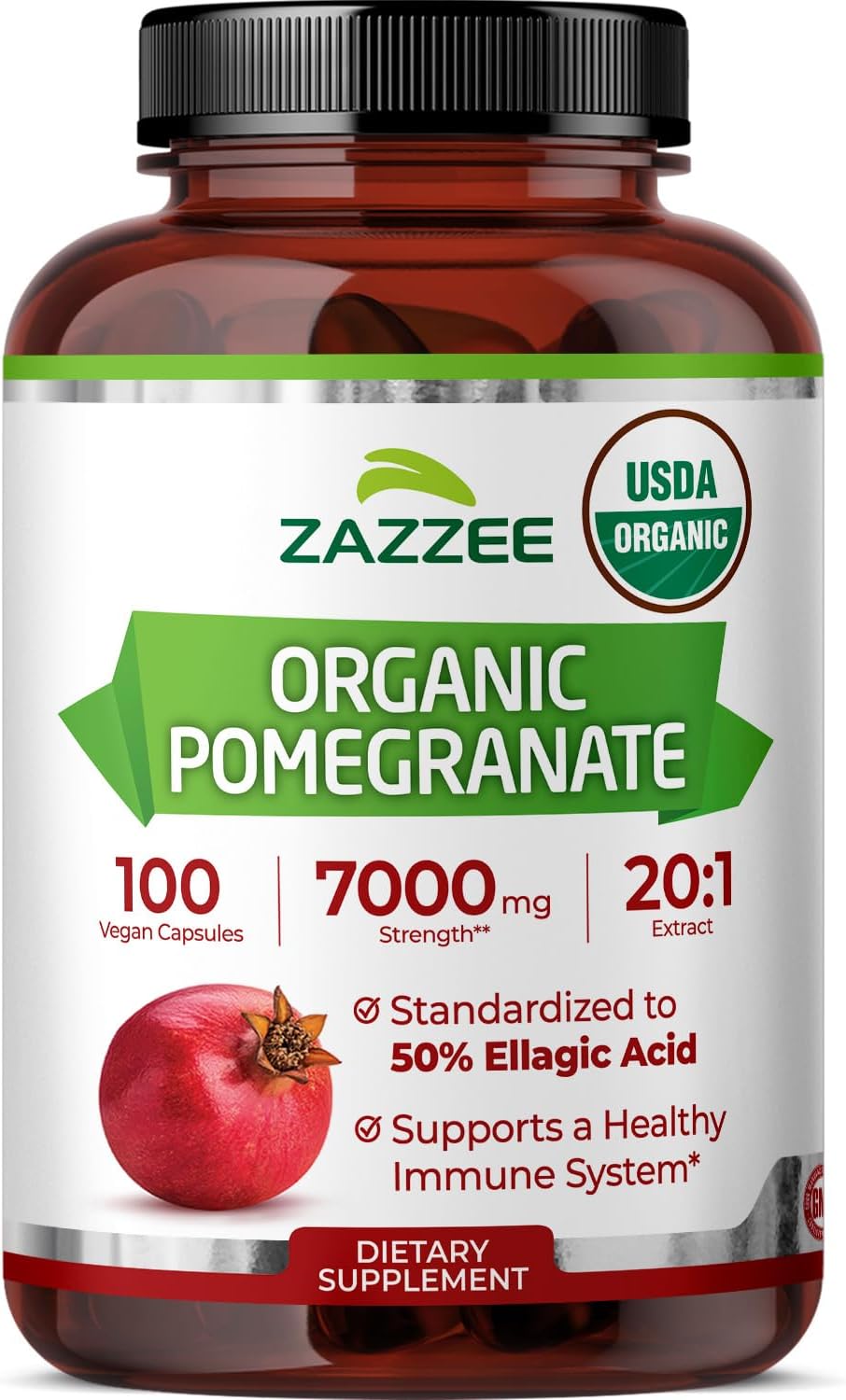 Zazzee USDA Organic Pomegranate 20:1 Extract, 50% Ellagic Acid 100 Capsules | Vegan, 3+ Month Supply, Punica Granatum, Antioxidant, Immune & Polyphenol Support, All-Natural, Non-GMO, Made in the USA