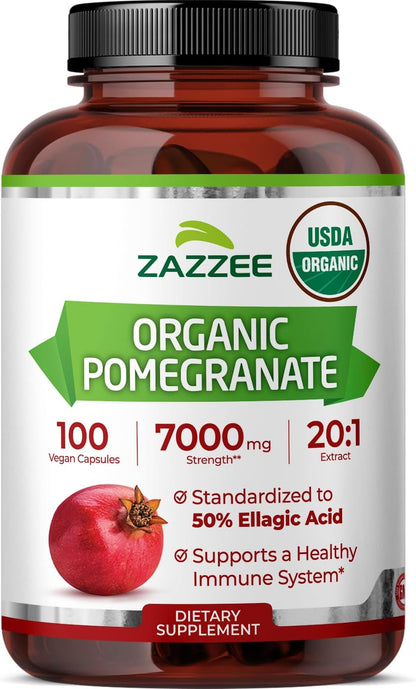 Zazzee USDA Organic Pomegranate 20:1 Extract, 50% Ellagic Acid 100 Capsules | Vegan, 3+ Month Supply, Punica Granatum, Antioxidant, Immune & Polyphenol Support, All-Natural, Non-GMO, Made in the USA