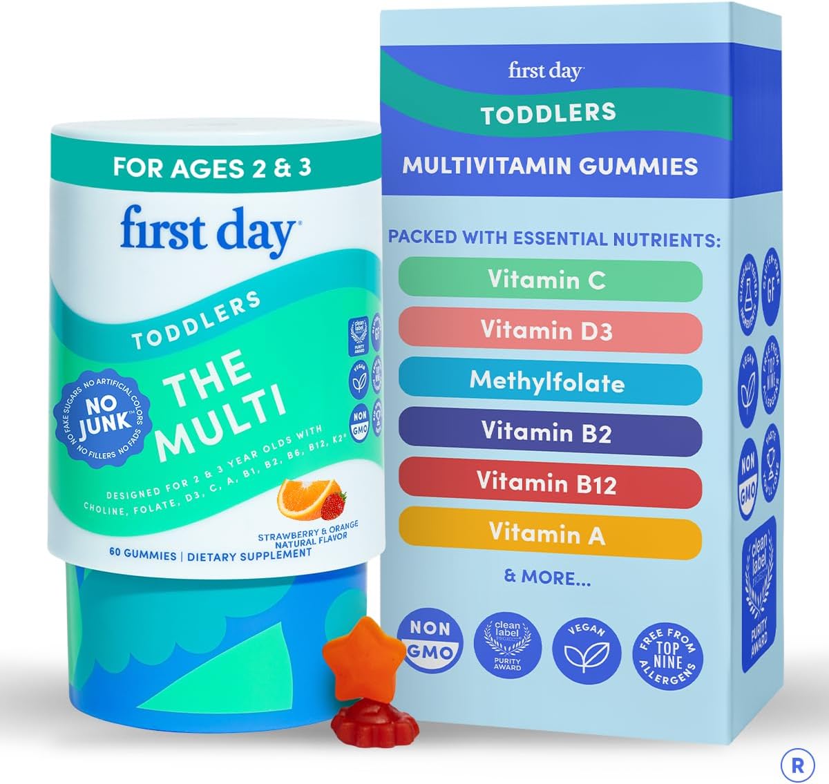 Toddler Multivitamin Gummies for Ages 2 & 3 – No Fake Sugars, No Artificial Colors, No Fillers – Choline, 10 Essential Nutrients, 21 Organic Superfoods – Clean Label Purity Award – 60 Count | First Day toddler vitamins for ages 2-3: vegan toddler vitamin