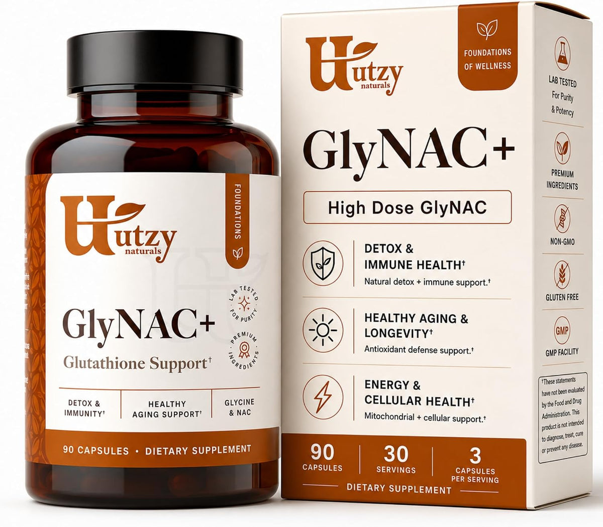 Utzy Naturals High Dose GlyNAC+ Supplement | 90 Capsules