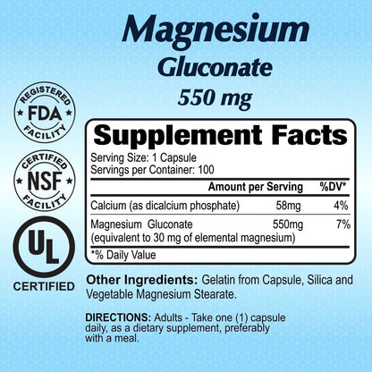 ALFA VITAMINS Magnesium Gluconate 550mg, Dietary Supplement, Supports Muscle & Nerve Function, Bone Health & Bedtime Support, Easy Absorption, Essential Vitamins for Wellness, 100 Tablets