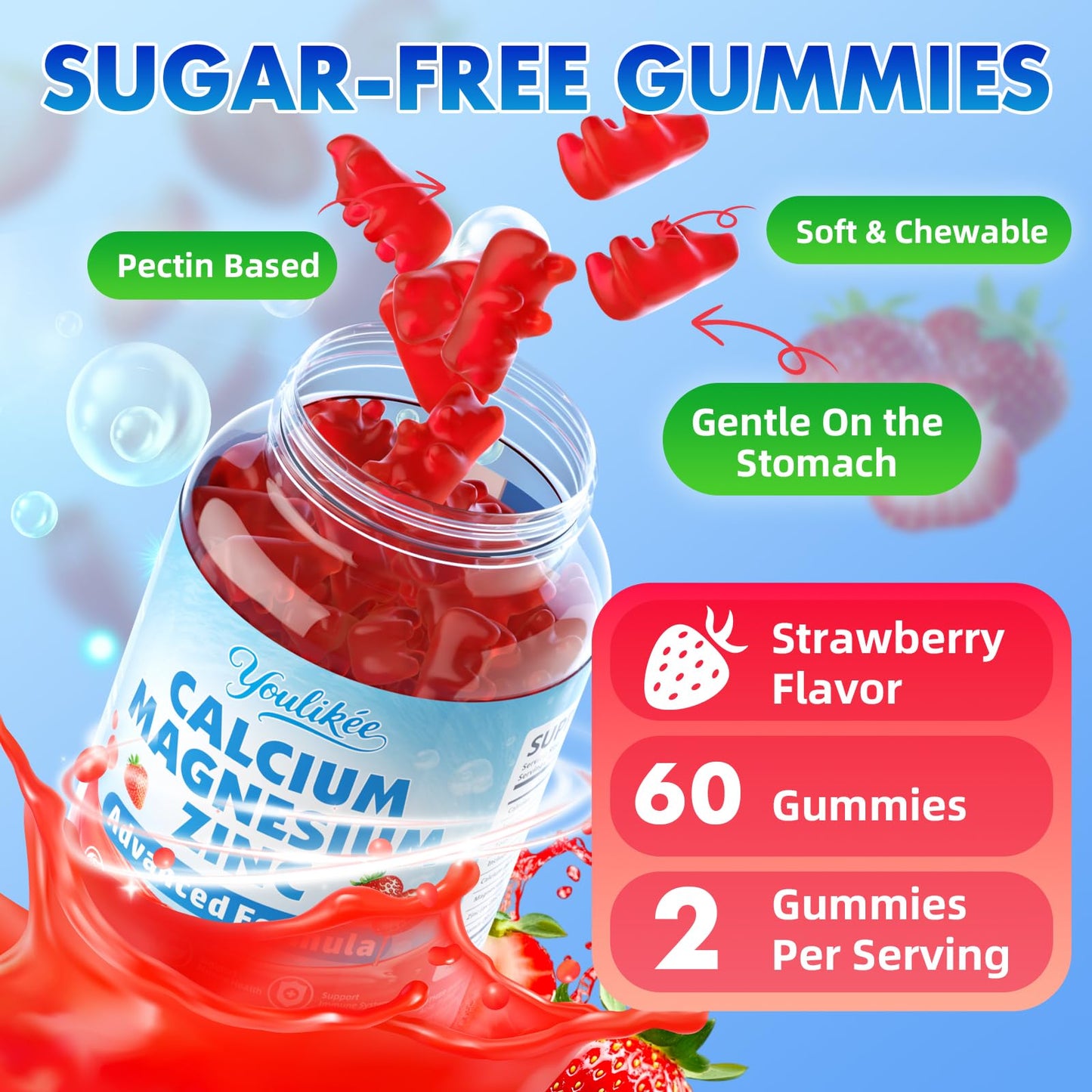Calcium Magnesium Zinc Gummies for Adult, Calcium Citrate with Vitamin D3 | High Absorption Calcium Magnesium Supplement for Women & Men, Sugar-Free, Strawberry Flavor, 60 Count