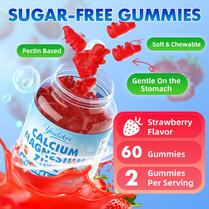 Calcium Magnesium Zinc Gummies for Adult, Calcium Citrate with Vitamin D3 | High Absorption Calcium Magnesium Supplement for Women & Men, Sugar-Free, Strawberry Flavor, 60 Count