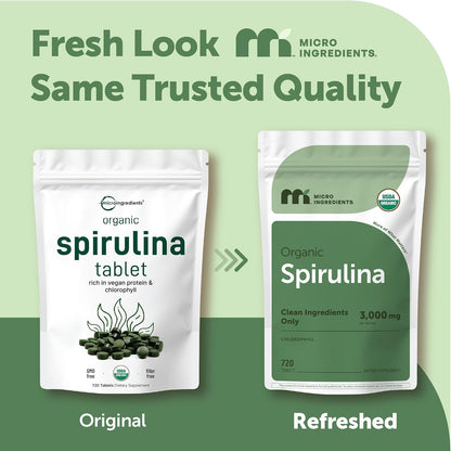 Micro Ingredients Organic Spirulina Supplement, 720 Tablets (4 Month Supply), No Filler & Non-GMO, Rich in Vegan Protein, Vitamins & Prebiotics, Premium Spirulina Pills