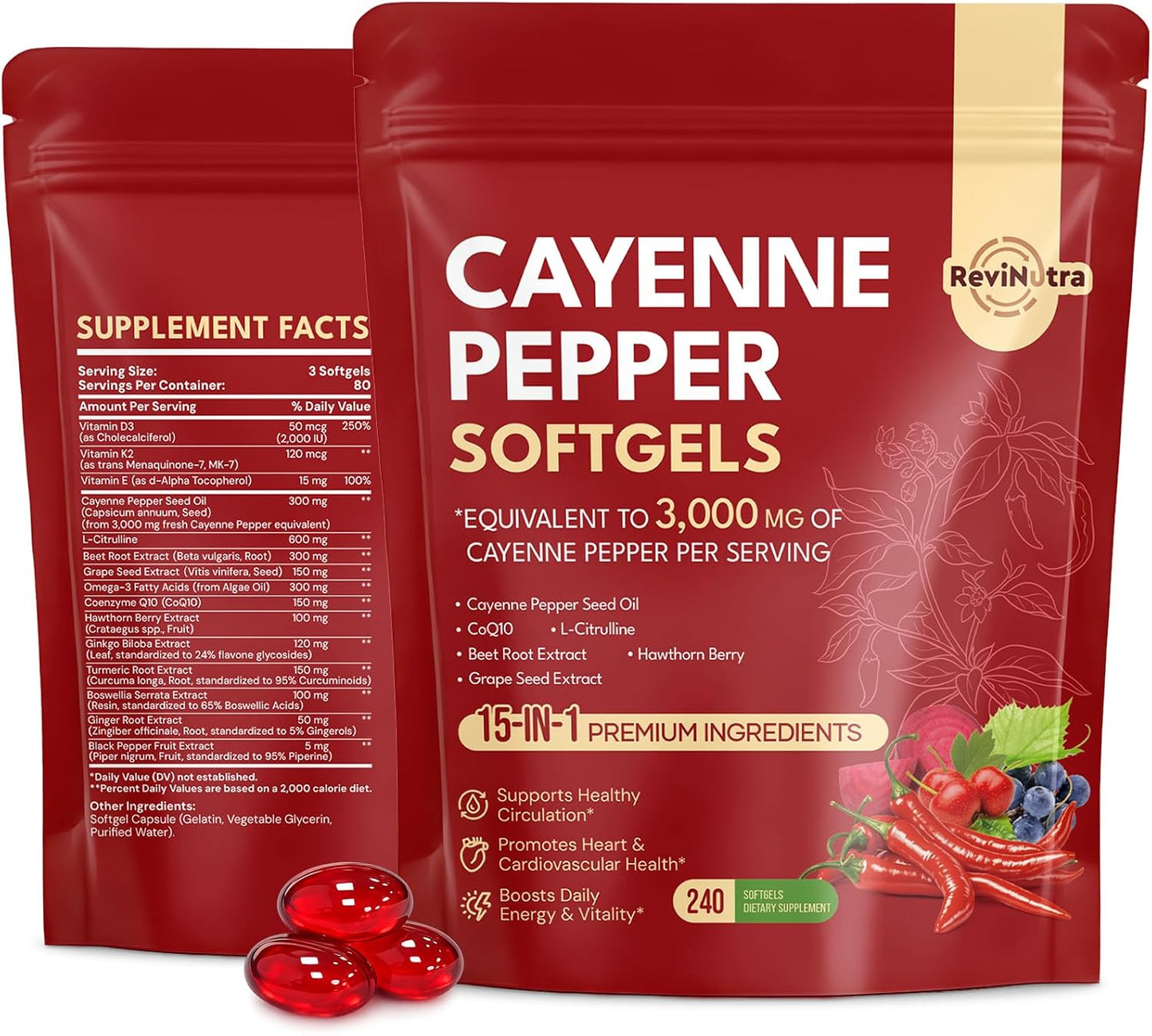 Cayenne Pepper Softgels, 15-in-1 Cayenne Pepper Capsules with Vitamin D3 + K2, L-Citrulline, Beet Root, CoQ10, Capsaicin supplements for Healthy Circulation, Energy, Heart Vessel Support, 240ct
