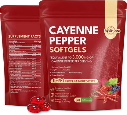 Cayenne Pepper Softgels, 15-in-1 Cayenne Pepper Capsules with Vitamin D3 + K2, L-Citrulline, Beet Root, CoQ10, Capsaicin supplements for Healthy Circulation, Energy, Heart Vessel Support, 240ct