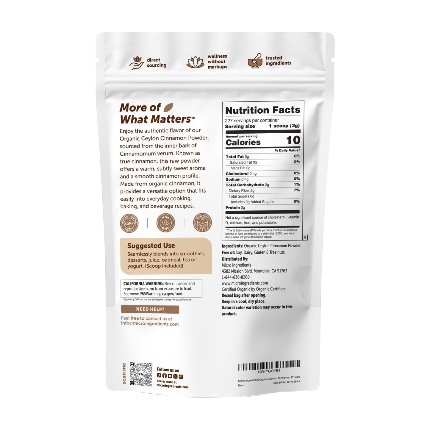 Micro Ingredients Organic Ceylon Cinnamon Powder, 8 oz | Sri Lanka Source | True Cinnamon for Spice & Seasoning | Great for Baking, Cooking, & Drinks | Additive Free, Non-GMO