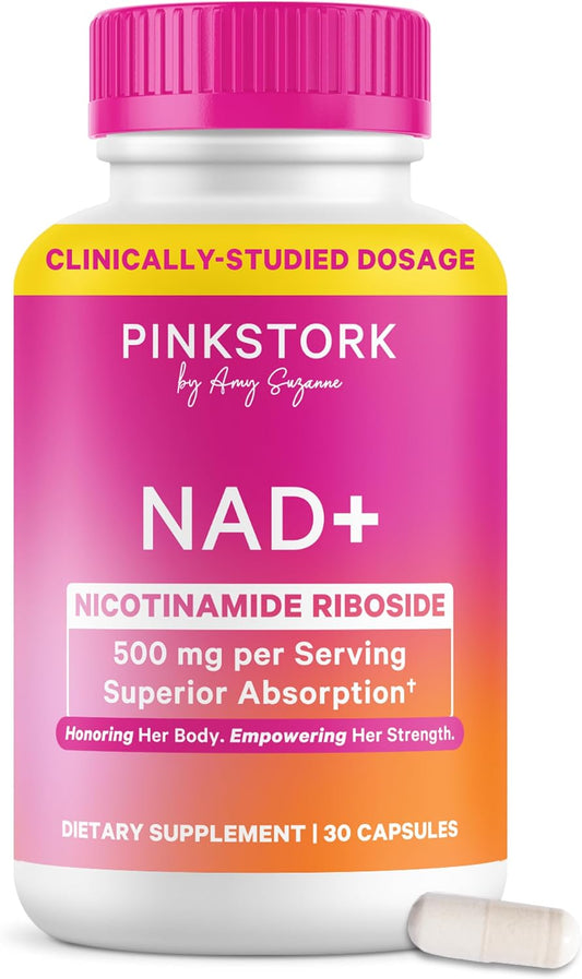 Pink Stork NAD+ Supplement for Women Over 30, 30 Capsules | 500 mg Nicotinamide Riboside NR, Clinically Studied Pure NMN Powder, Brain, Energy, + Cellular Skin Health Support