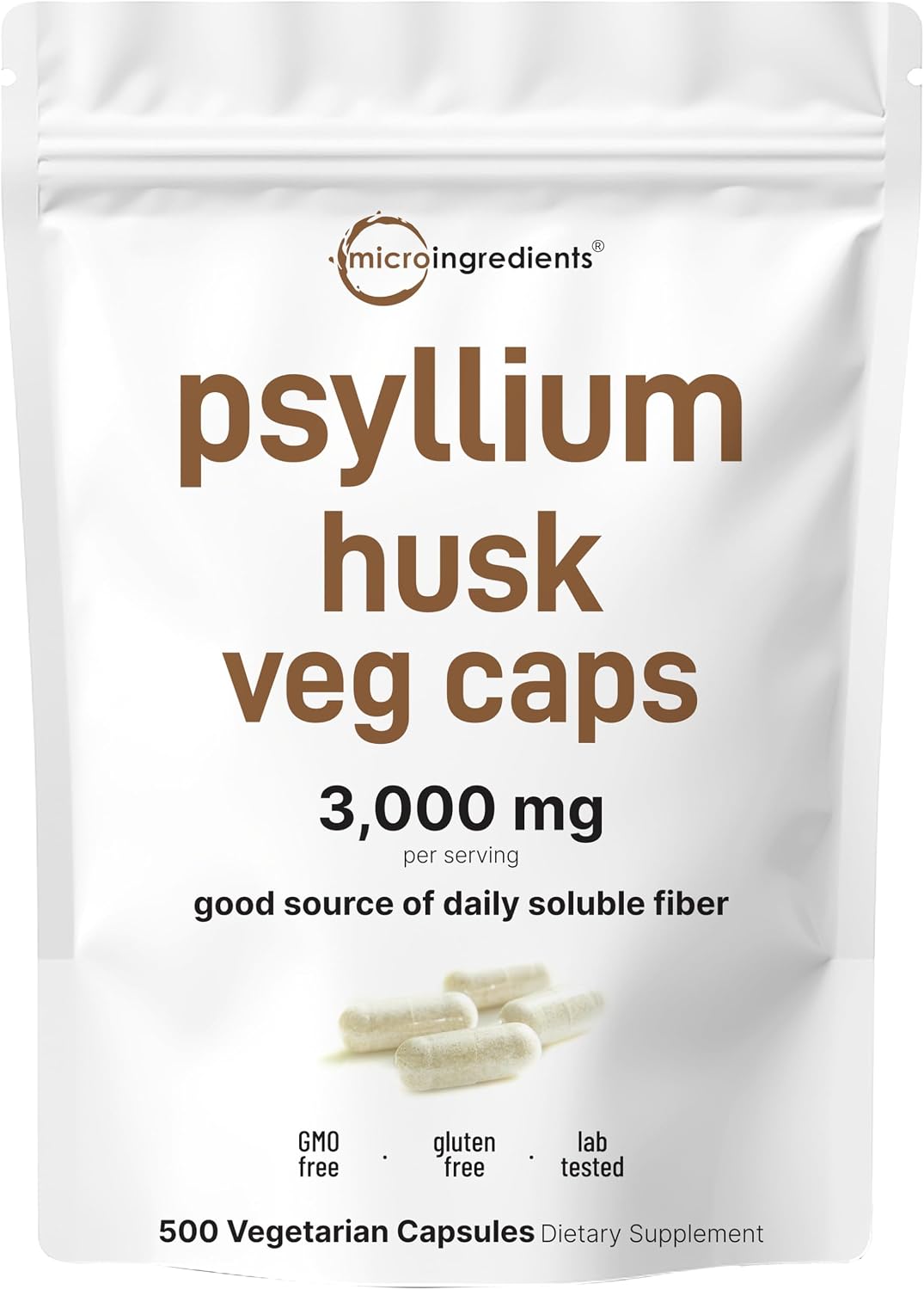 Micro Ingredients Psyllium Husk Capsules 3000mg Per Serving, 500 Veg Caps | Soluble Prebiotic Fiber Supplement for Women & Men | Daily Psyllium Husk Fiber Pills | 83 Servings | Non-GMO, Gluten Free