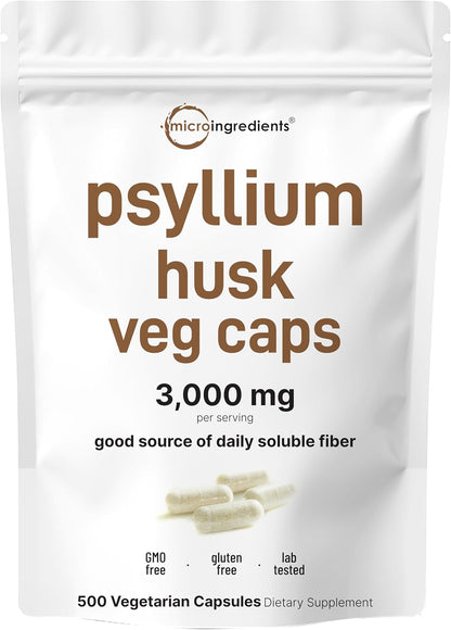 Micro Ingredients Psyllium Husk Capsules 3000mg Per Serving, 500 Veg Caps | Soluble Prebiotic Fiber Supplement for Women & Men | Daily Psyllium Husk Fiber Pills | 83 Servings | Non-GMO, Gluten Free
