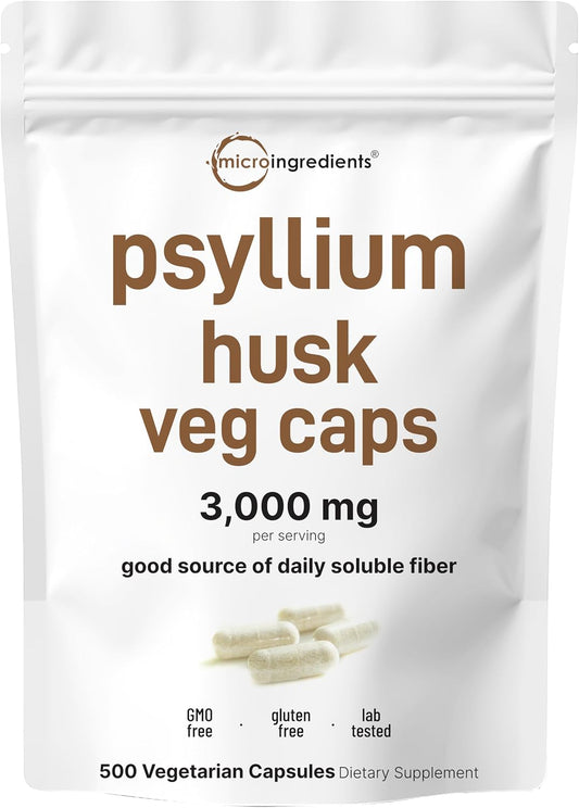Micro Ingredients Psyllium Husk Capsules 3000mg Per Serving, 500 Veg Caps | Soluble Prebiotic Fiber Supplement for Women & Men | Daily Psyllium Husk Fiber Pills | 83 Servings | Non-GMO, Gluten Free