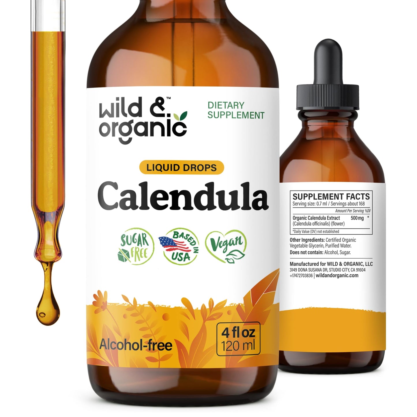 Wild & Organic Calendula Flowers Supplement - Antioxidant, Immune & Skin Support - Add to Tea Extract Drops - Calendula Herb Tincture - Vegan, Alcohol & Sugar-Free - 4 fl oz