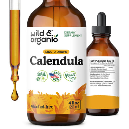 Wild & Organic Calendula Flowers Supplement - Antioxidant, Immune & Skin Support - Add to Tea Extract Drops - Calendula Herb Tincture - Vegan, Alcohol & Sugar-Free - 4 fl oz