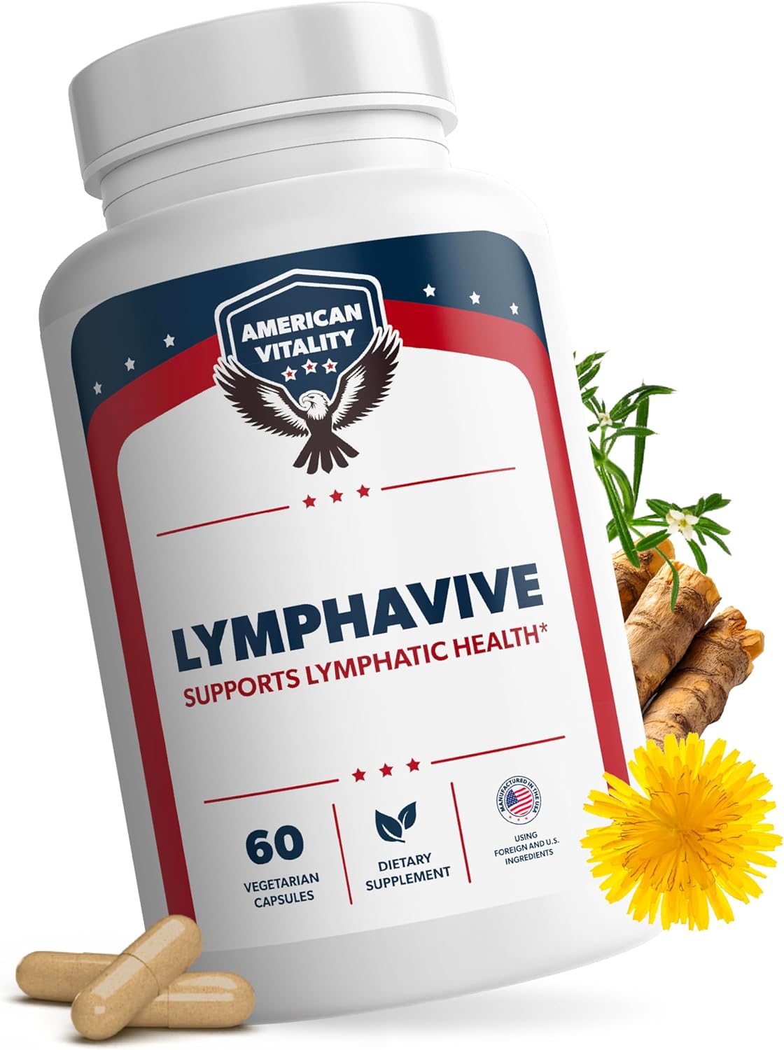LymphaVive | Lymphatic Drainage Supplements | Lymph System Support, For Men & Women, Bromelain, Echinacea, Burdock Root, Dandelion, Rutin, 30 Days Supply, 60 Capsules