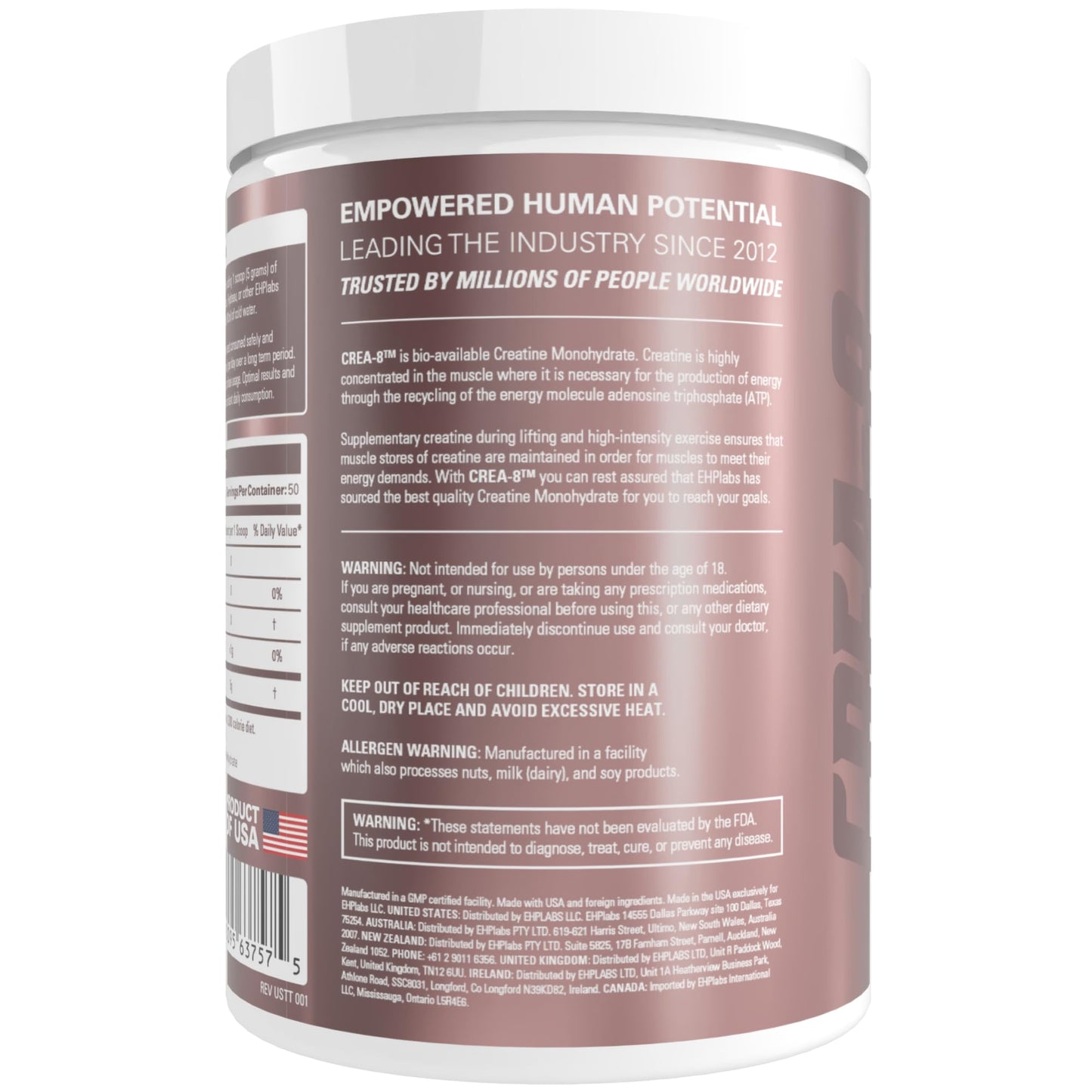 EHP Labs CREA-8 Creatine Monohydrate Powder, Unflavored, 100 Servings | Micronized Creatine For Muscle Growth, Strength & Energy. Mixes Easily, No Clumping. Pre Or Post Workout. 500g