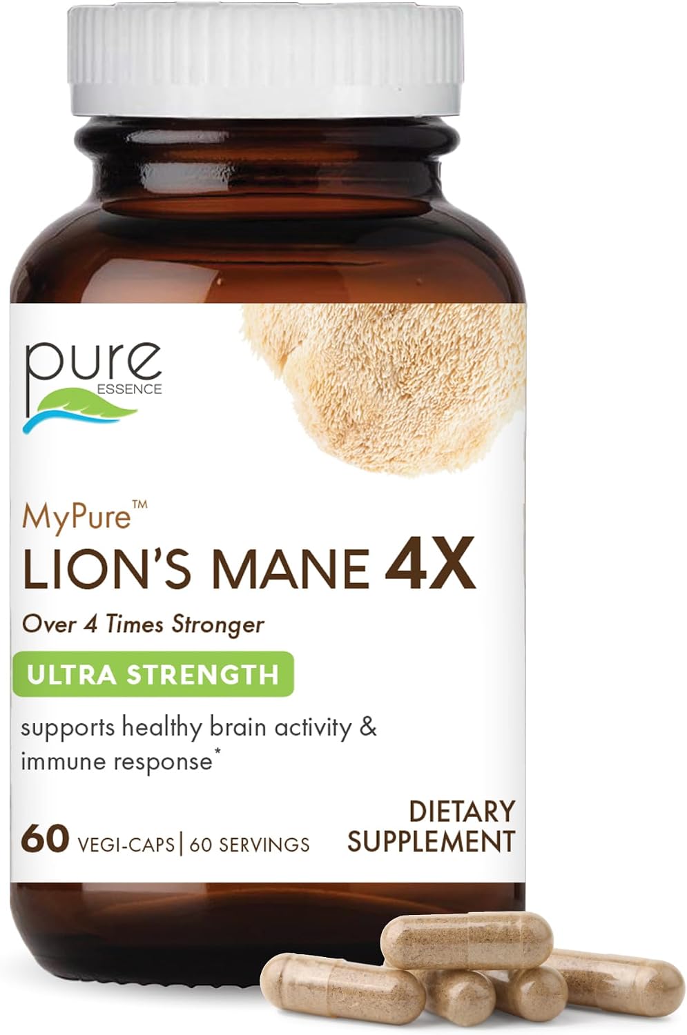 PURE ESSENCE LABS MyPure Lion's Mane 4X - Ultra Strength Brain Support Supplement for Cognitive Health, Focus, Memory & Mental Clarity, 60 Capsules
