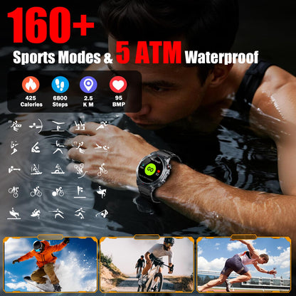 Jugeman Military Smart Watch for Men, Dual-Band GPS, 1.43" AMOLED Outdoor Smartwatch, 5ATM Waterproof Fitness Watch with Bluetooth Calls, Heart Rate/Sleep Monitor/Compass 160+ Sports for Android iOS