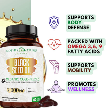 Organic Black Seed Oil 2000mg - 60 Softgel Capsules (Non-GMO) Premium Cold-Pressed