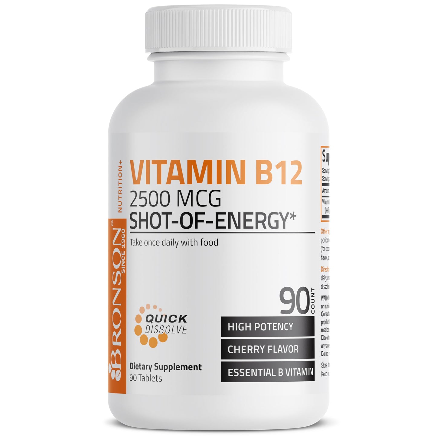 Vitamin B12 2500mcg Shot of Energy Fast Dissolve Chewable Tablets - Quick Release Cherry Flavored Sublingual B12 Vitamin - Supports Nervous System, Healthy Brain Function Energy Production – 90 Count