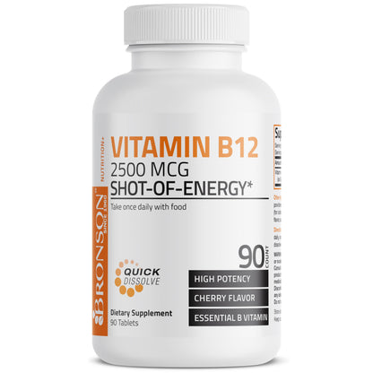Vitamin B12 2500mcg Shot of Energy Fast Dissolve Chewable Tablets - Quick Release Cherry Flavored Sublingual B12 Vitamin - Supports Nervous System, Healthy Brain Function Energy Production – 90 Count