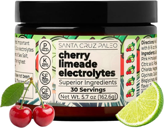 Santa Cruz Paleo Electrolyte Powder, Cherry Limeade, Sugar Free Hydration Drink Mix with Himalayan Pink Salt, Sea Salt, Magnesium Glycinate, Potassium Chloride, Sweetened with Stevia, 30 Servings