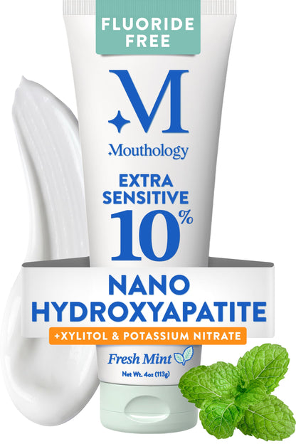 Mouthology 10% Nano Hydroxyapatite Toothpaste Fluoride Free, Whitening*, Rod Shaped nHA, Xylitol Toothpaste for Adults, Enamel Care*, Sensitive Teeth*, SLS Free, Mint 4oz (USA Made) Package May Vary