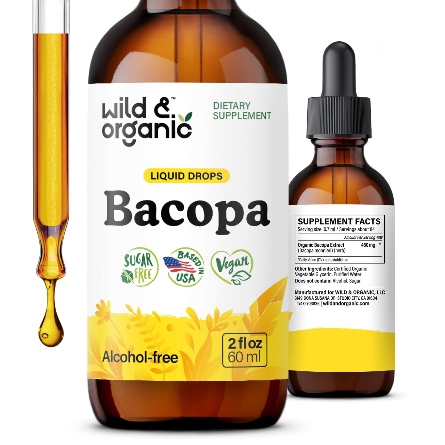 Wild & Organic Bacopa Monnieri Supplement - Brain & Focus Support - Bacopa Extract Liquid Drops - Brahmi Herb Tincture to Add to Tea - 5-Month Supply - Vegan, Sugar & Alcohol-Free - 4 fl oz