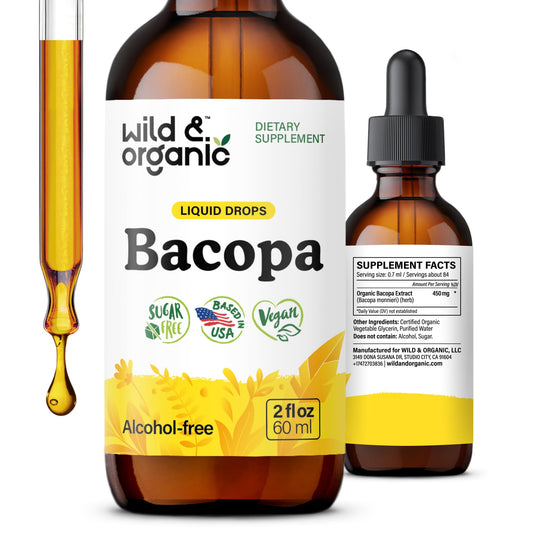 Wild & Organic Bacopa Monnieri Supplement - Brain & Focus Support - Bacopa Extract Liquid Drops - Brahmi Herb Tincture to Add to Tea - 5-Month Supply - Vegan, Sugar & Alcohol-Free - 4 fl oz
