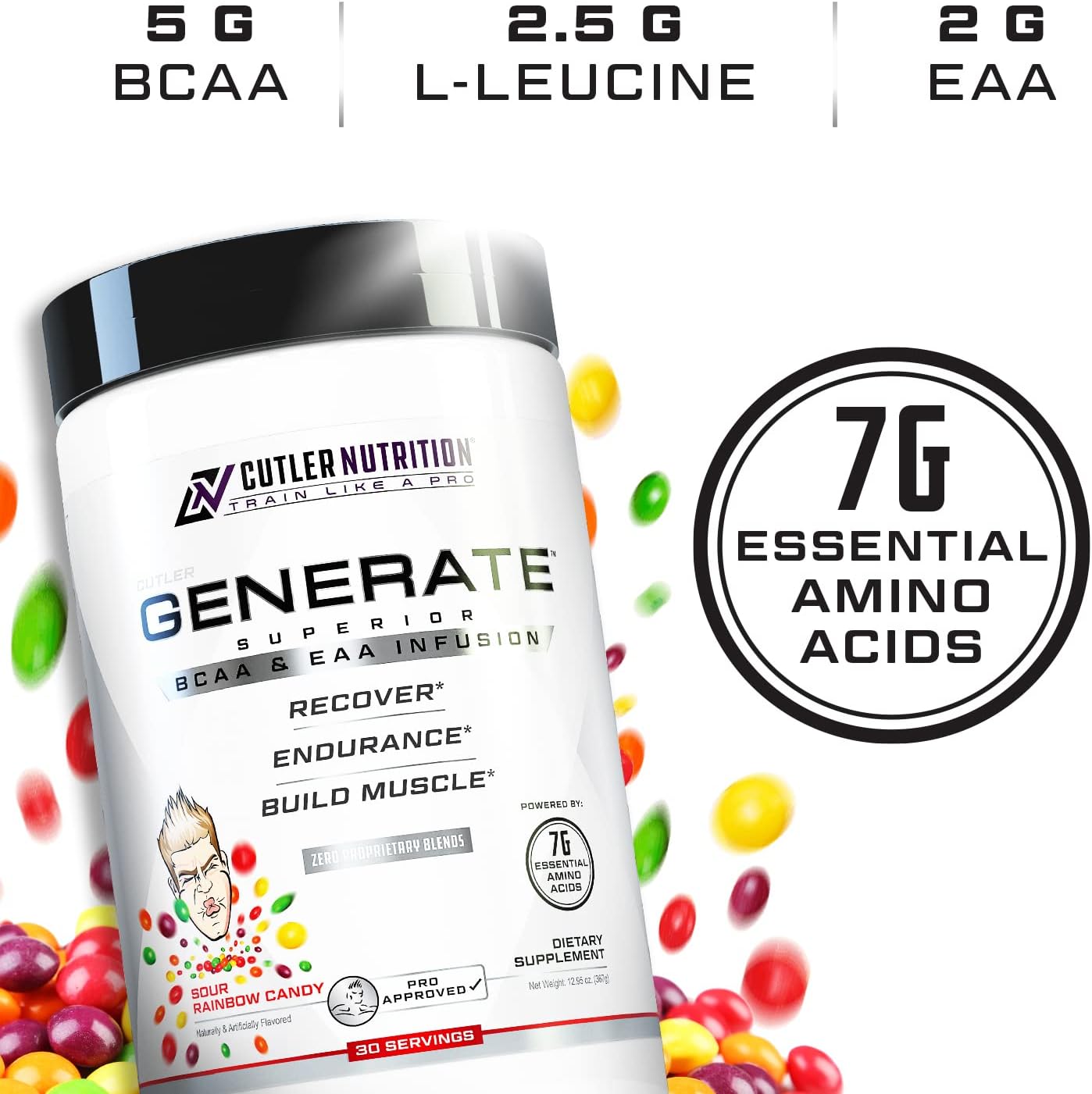 Cutler Nutrition Generate Sour Rainbow Candy BCAA EAA Powder, 30 Servings | 12.95 oz | 5g BCAAs and 2g EAAs per serving for post-workout recovery, hydration, lean muscle support and protein synthesis