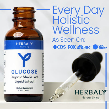Herbaly Glucose Organic Stevia Leaf Sweetener - Antioxidant Rich Blend - Balanced Systems & Energy- Natural Wellness - Delicious Daily Sweetness For Tea, Coffee, & More - Vegan Formula - 1 fl oz