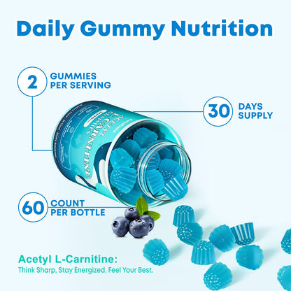 2 Pack Sugar Free Acetyl L-Carnitine Gummies, L-Carnitine Supplement for Women & Men, with Vitamin C & B12, ALCAR for Energy, Brain & Heart Health Support, Vegan, Non-GMO, 120 Count