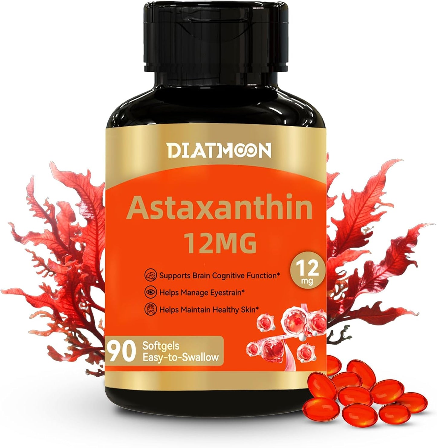 Astaxanthin 12mg Organic Easy to Swallow Astaxanthin Supplement 90 Softgels | Support Eye & Brain & Skin Health, Triple Strength, Fresh Microalgae Source, Organic Non-GMO, Gluten Free, No Soy, Vegan