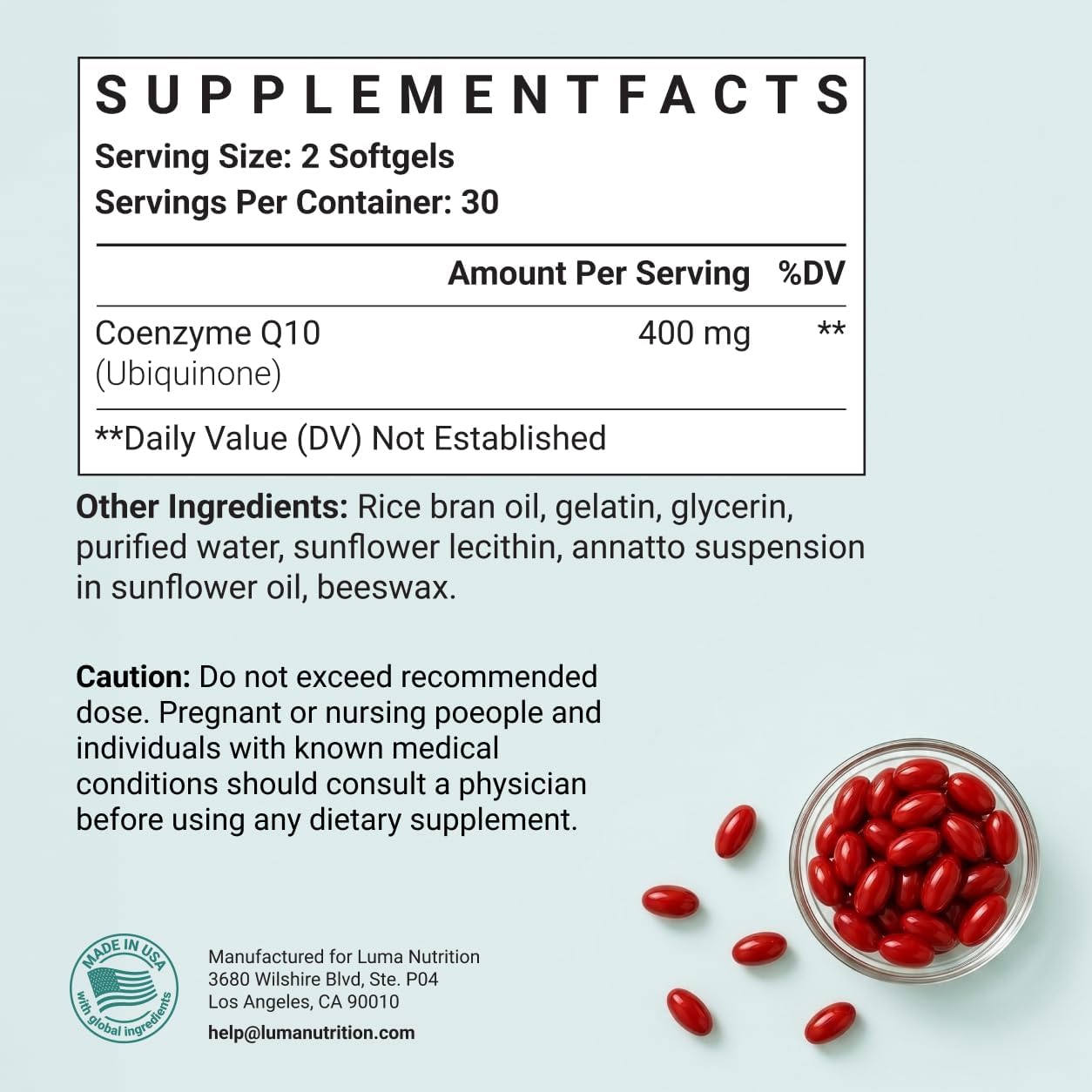 Luma Nutrition CoQ10 400mg Softgel Supplement - 60 Liquid Softgels