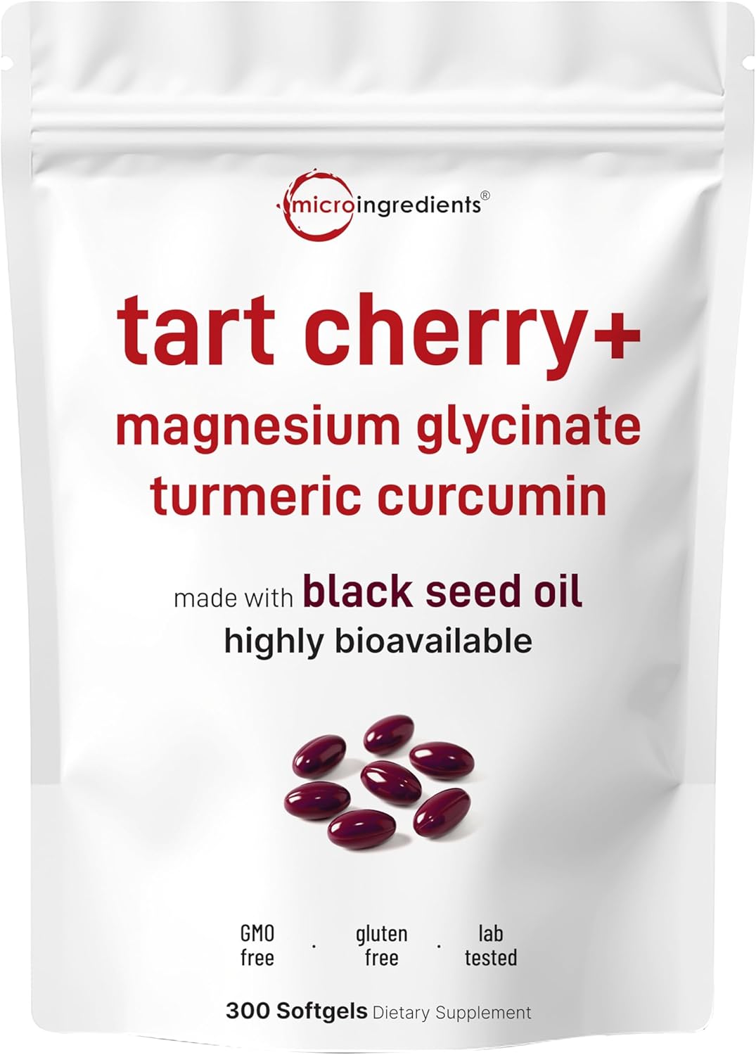 Tart Cherry+ with Magnesium Glycinate & 95% Turmeric Curcumin, 300 Softgels | Made with Black Seed Oil | Tart Cherry Extract Supplement | 3-in-1 Herbal & Mineral Complex | Non-GMO, Gluten Free