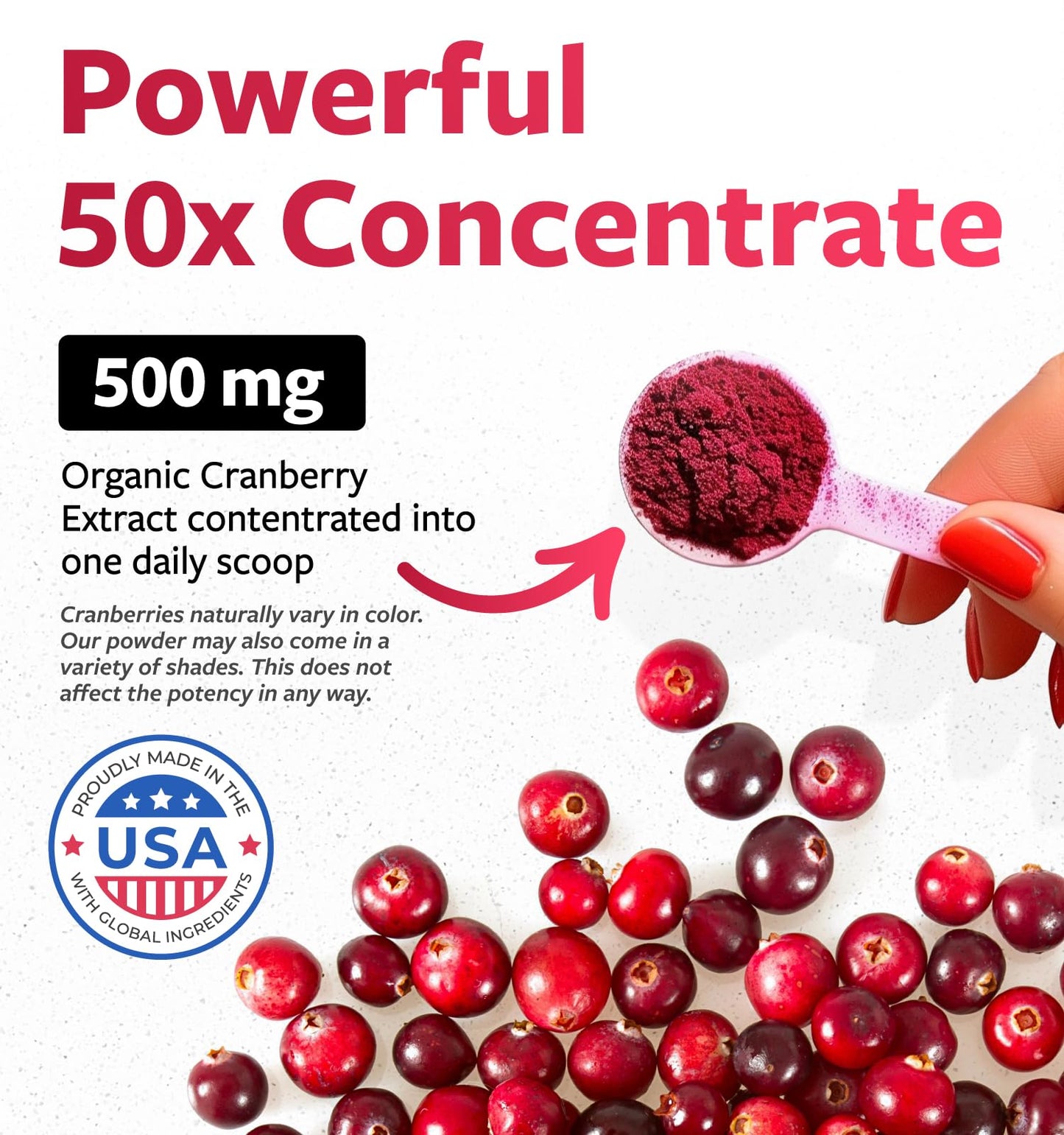 PURE CO USDA Organic Cranberry Concentrate Powder - Organic Cranberry Powder 500mg 50:1 Extract Per 1 Scoop Serving - Kidney Cleanse & Urinary Tract Support for Women - 100 Servings
