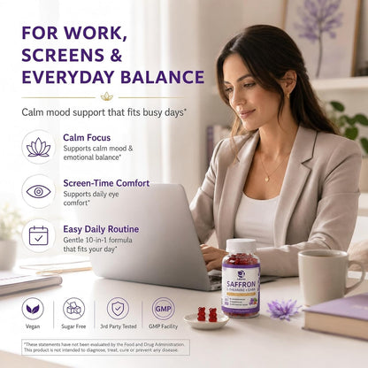 Saffron Gummies 88.5mg with L-Theanine 200mg, GABA for Mood, Focus & Vision | 10-in-1 Supplements for Adults with Ashwagandha, Eye Support Blend, GMP Certified, Sugar Free, Vegan, 60 Day Supply