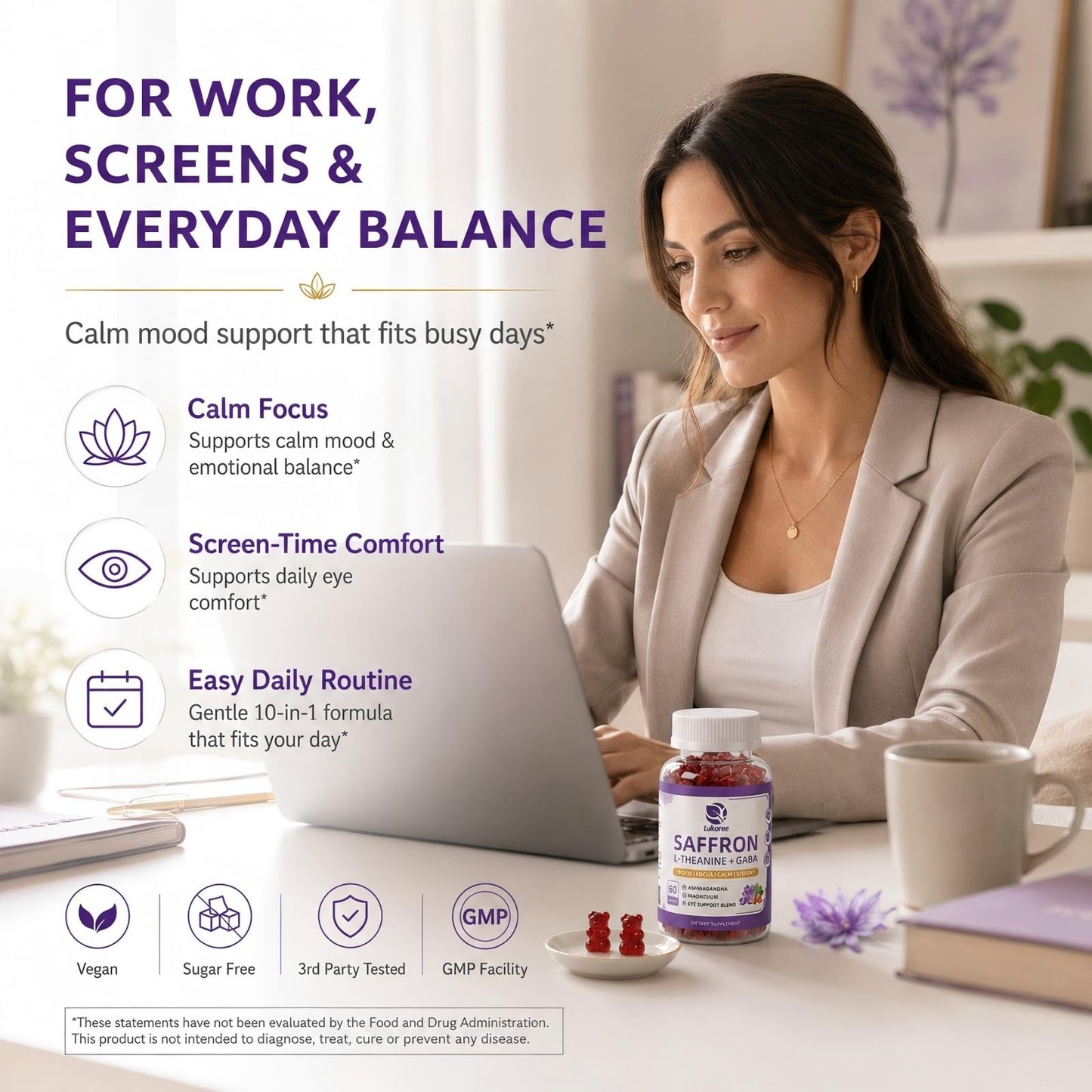 Saffron Gummies 88.5mg with L-Theanine 200mg, GABA for Mood, Focus & Vision | 10-in-1 Supplements for Adults with Ashwagandha, Eye Support Blend, GMP Certified, Sugar Free, Vegan, 60 Day Supply