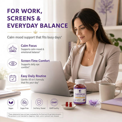 Saffron Gummies 88.5mg with L-Theanine 200mg, GABA for Mood, Focus & Vision | 10-in-1 Supplements for Adults with Ashwagandha, Eye Support Blend, GMP Certified, Sugar Free, Vegan, 60 Day Supply