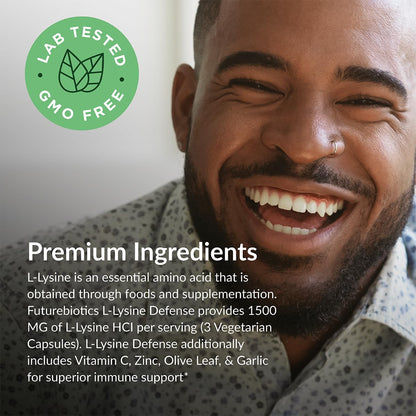 Futurebiotics L-Lysine Defense Immune Support Complex 1500 MG Per Serving with Vitamin C, Zinc, Olive Leaf & Garlic - Non-GMO, 90 Vegetarian Capsules