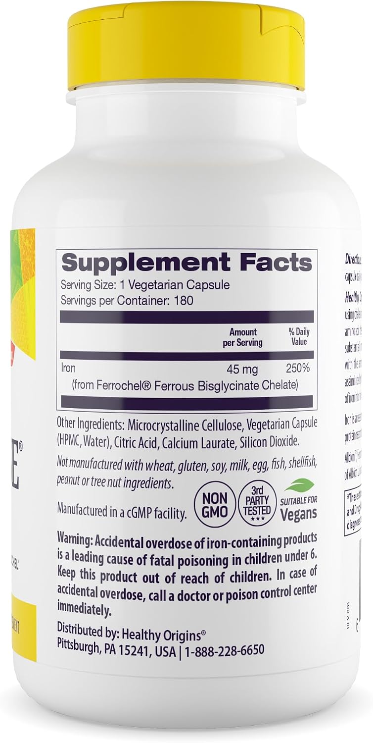 Healthy Origins Iron Ease Ferrochel 45 mg, 180 Veggie Caps