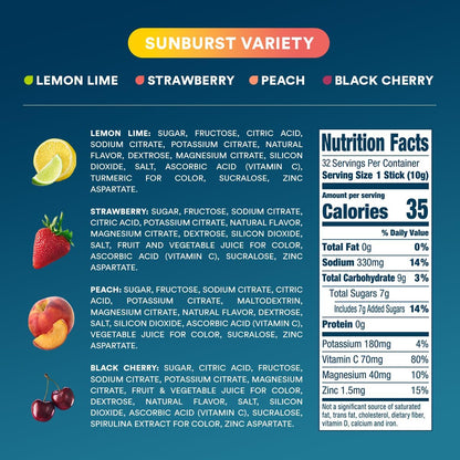 DripDrop Hydration Juicy Sunburst Variety Bundle Electrolyte Packets, 32 Ct | Grape, Fruit Punch, Strawberry Lemonade, Cherry, Lemon Lime, Strawberry, Peach, Black Cherry; Single Serve Powder Drink Mix