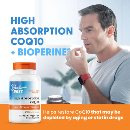 Doctor's Best High Absorption CoQ10 200mg with BioPerine Supplement - Coenzyme Q10 Caps for Heart Health & Antioxidant Support, CoQ10 200 mg for Women & Men, Non GMO - 60 Veg Capsules