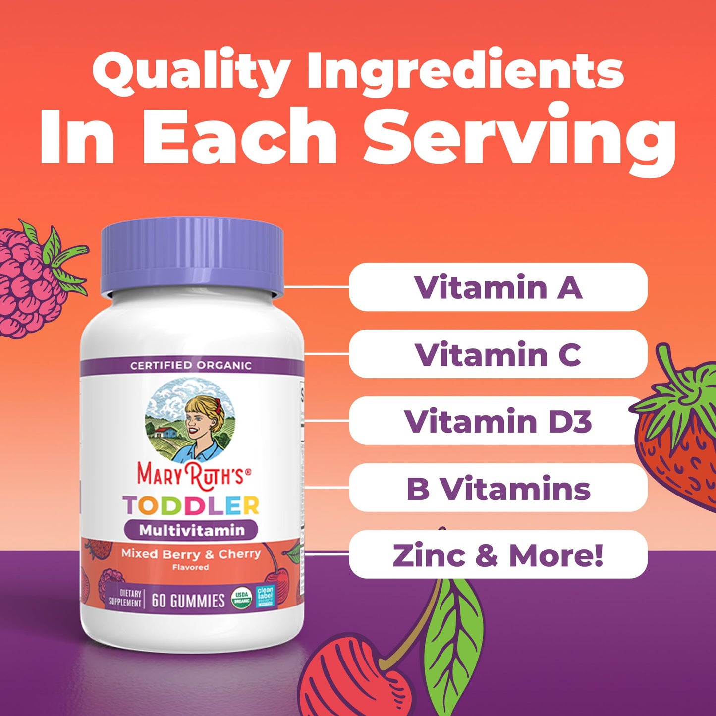 MaryRuth's Toddler Multivitamin Gummies | USDA Organic | 2 Month Supply | Kid & Toddlers Age 2+ Daily Multivitamin: Vitamin C, D3, Zinc | Kids Vitamins | Only 1 Gummy Per Day | 60 Ct (60 Day Supply)