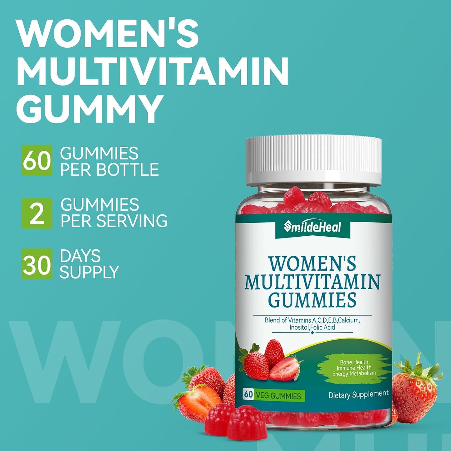 Women's Multivitamin Gummies, Vitamins A, C, D3, E, K, B12, Calcium, Biotin, Folic Acid, Inositol, Multivitamin for Women for Daily Nutritional Support, 30 Day Supply - 60 Count