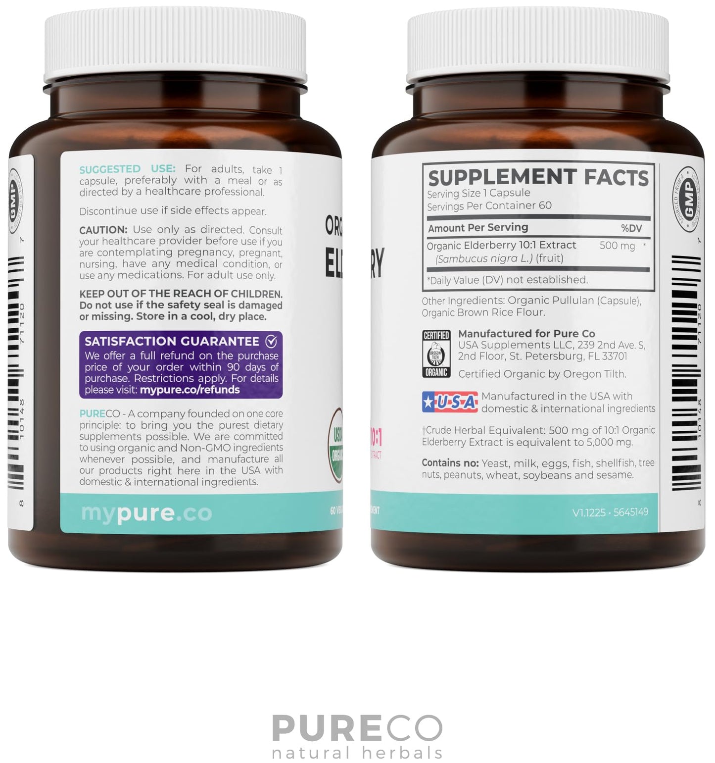 PURE CO Organic Elderberry 10:1 Extract 500mg Per 1 Capsule Serving - Vegan Black Elderberry Supplement for Immune Support, Allergy, Sinus Relief - Sambucus Nigra - 30 Caps