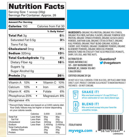 Vega Organic Protein and Greens Powder, Vanilla, 26 Servings, 2.2 Pounds, Packaging May