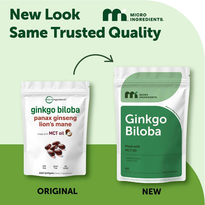 Micro Ingredients Ginkgo Biloba 120 mg Per Serving, 400 Softgels | 3-in-1 with Panax Ginseng & Lion’s Mane | Herbal Mushroom Blend | Made with MCT Oil | Non-GMO