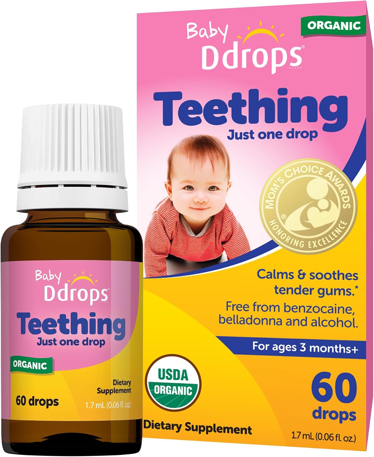 Ddrops Baby, Organic Teething Liquid Drops, for Ages 3 Months+, 60 Drops, 0.06 fl oz (1.7 ml)