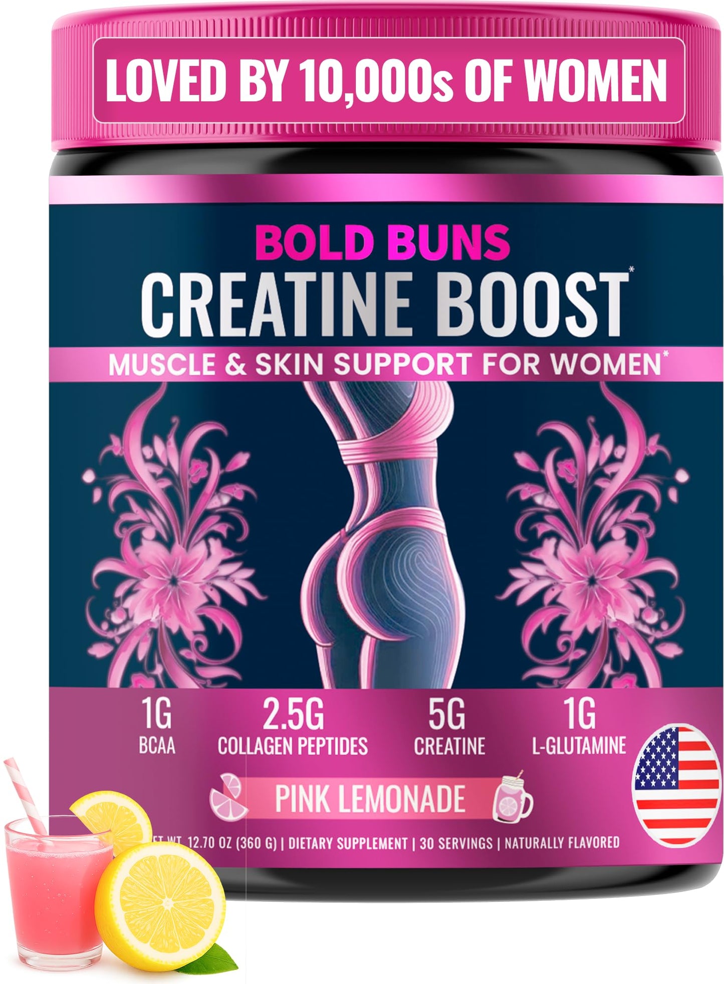 Bold Buns Creatine for Women – Supplement with Collagen & BCAA – Supports Muscle Development, Post-Workout Recovery, Skin Elasticity, Healthy Hair & Nail (30 Servings, Unflavored)