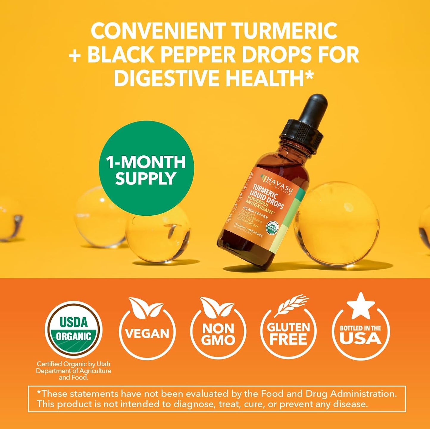 Organic Turmeric Supplement Liquid Drops, Unflavored,1 Fl Oz, 30 Servings | Liquid Turmeric with Black Pepper, USDA Certified, Vegan, Non-GMO 1000mg Curcumin for Movement and Immune Support